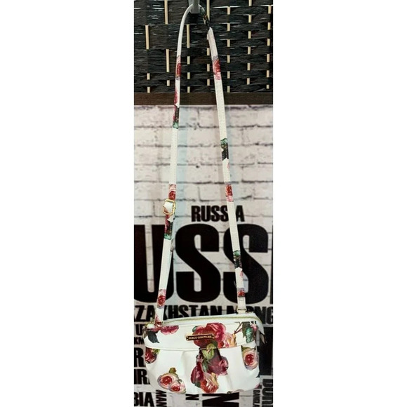 Juicy Couture White Rose Print Petite Pleated Front Top Zip Crossbody Handbag - Picture 3 of 5